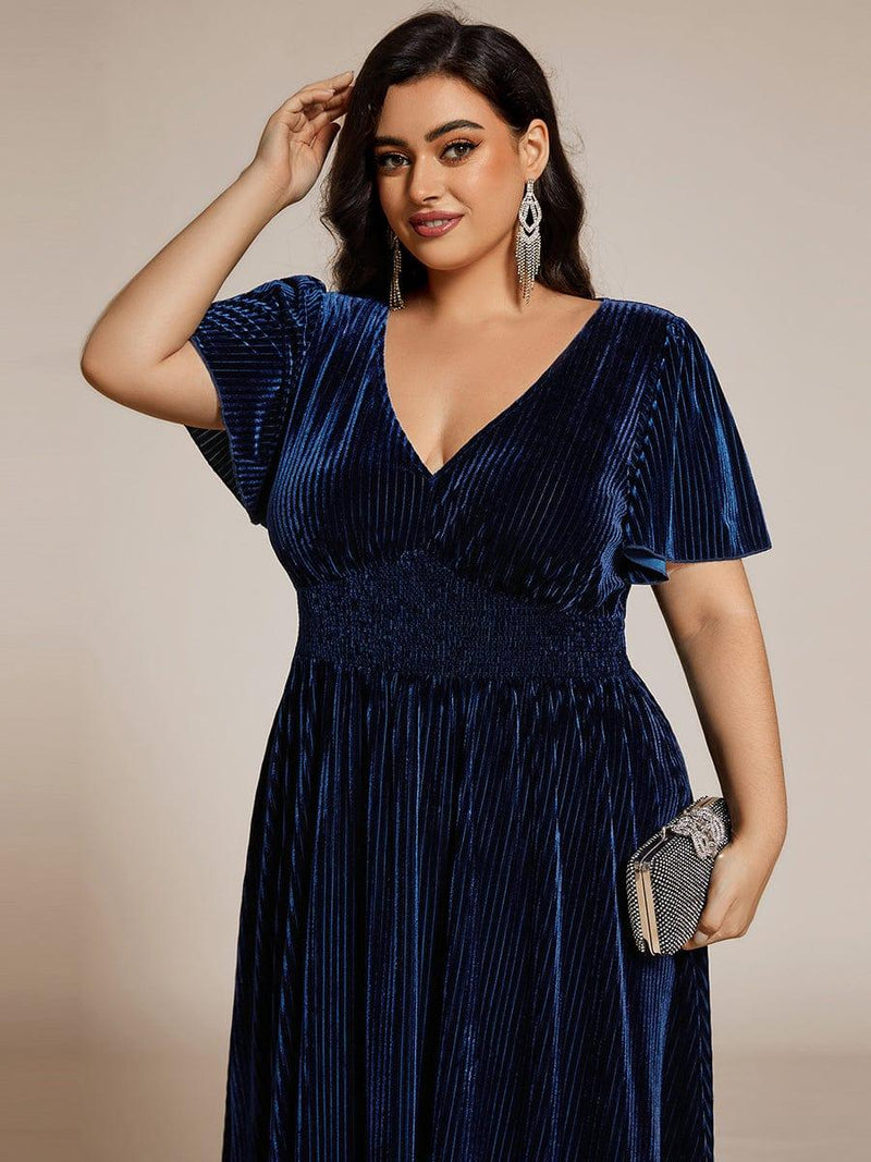 pretty AZALEA|Plus Size A-line V-Neck Short Sleeve Pleated Velvet Fall Wedding Guest Dress