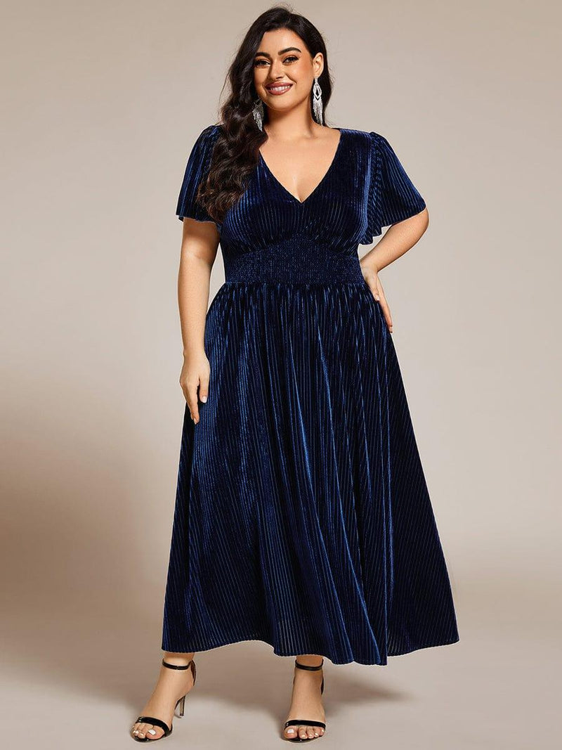 pretty AZALEA|Plus Size A-line V-Neck Short Sleeve Pleated Velvet Fall Wedding Guest Dress