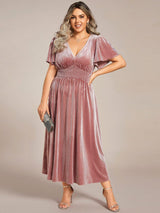 ever AZALEA|Graceful V-Neck Waist Design Short Sleeves Fall Velvet Midi Wedding Guest Dress