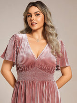 pretty AZALEA|Plus Size A-line V-Neck Short Sleeve Pleated Velvet Fall Wedding Guest Dress
