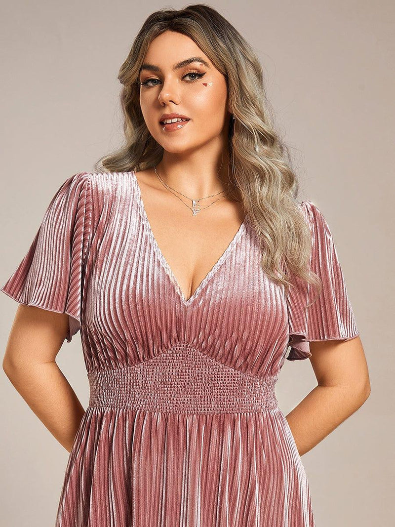 pretty AZALEA|Plus Size A-line V-Neck Short Sleeve Pleated Velvet Fall Wedding Guest Dress
