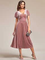 ever AZALEA|Graceful V-Neck Waist Design Short Sleeves Fall Velvet Midi Wedding Guest Dress