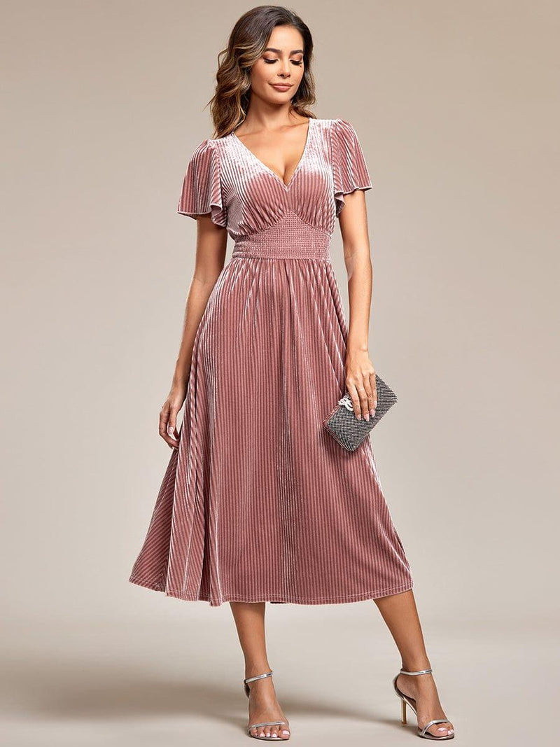 ever AZALEA|Graceful V-Neck Waist Design Short Sleeves Fall Velvet Midi Wedding Guest Dress