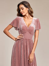 ever AZALEA|Graceful V-Neck Waist Design Short Sleeves Fall Velvet Midi Wedding Guest Dress