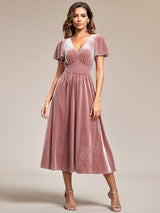 ever AZALEA|Graceful V-Neck Waist Design Short Sleeves Fall Velvet Midi Wedding Guest Dress