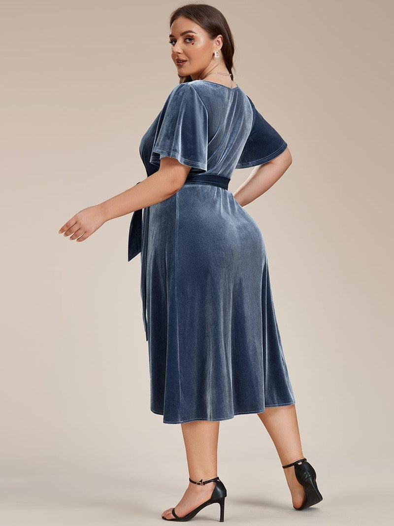 ever LENNA|One-Piece Type Short Sleeves V-Neck Velvet Midi Wedding Guest Dress