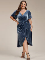 ever LENNA|One-Piece Type Short Sleeves V-Neck Velvet Midi Wedding Guest Dress
