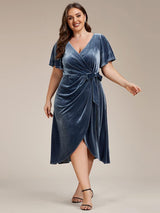 pretty LENNA|Plus Size V-Neck Ruffles Sleeve Velvet One-Piece Type Wedding Guest Dress