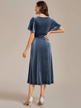 ever LENNA|One-Piece Type Short Sleeves V-Neck Velvet Midi Wedding Guest Dress