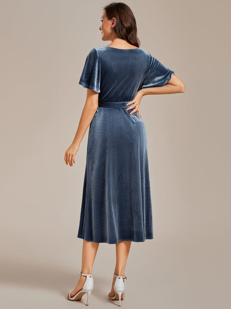 ever LENNA|One-Piece Type Short Sleeves V-Neck Velvet Midi Wedding Guest Dress