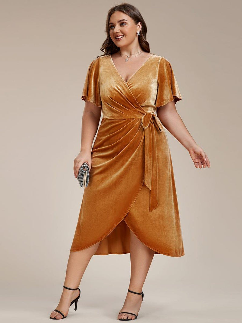ever LENNA|One-Piece Type Short Sleeves V-Neck Velvet Midi Wedding Guest Dress