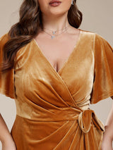 pretty LENNA|Plus Size V-Neck Ruffles Sleeve Velvet One-Piece Type Wedding Guest Dress