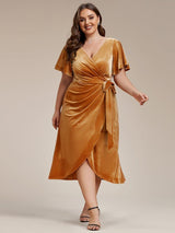 pretty LENNA|Plus Size V-Neck Ruffles Sleeve Velvet One-Piece Type Wedding Guest Dress