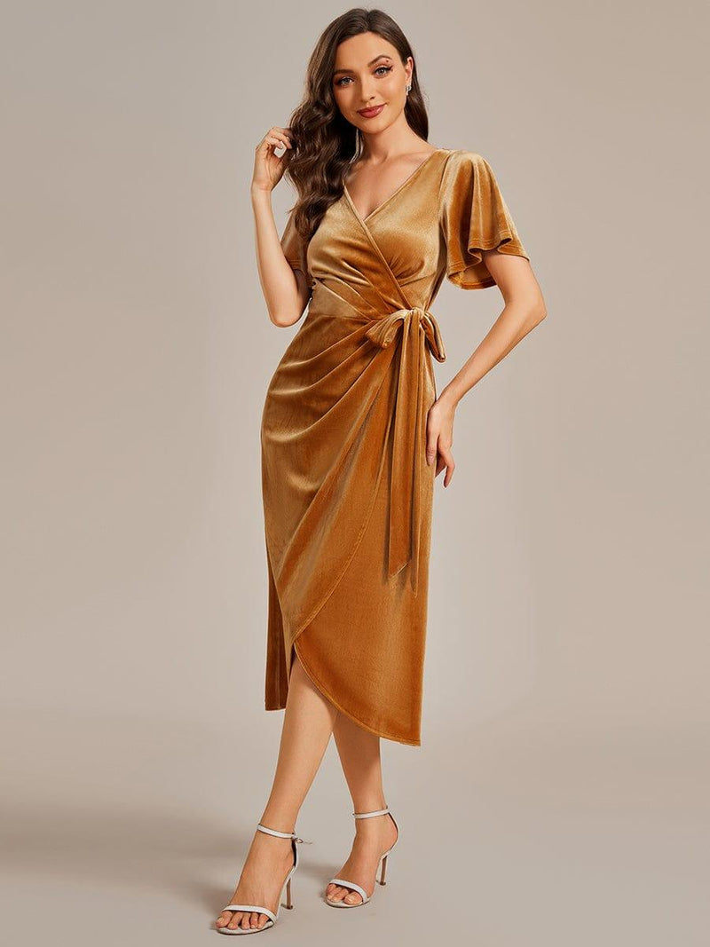 ever LENNA|One-Piece Type Short Sleeves V-Neck Velvet Midi Wedding Guest Dress