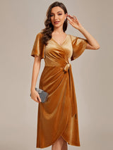ever LENNA|One-Piece Type Short Sleeves V-Neck Velvet Midi Wedding Guest Dress