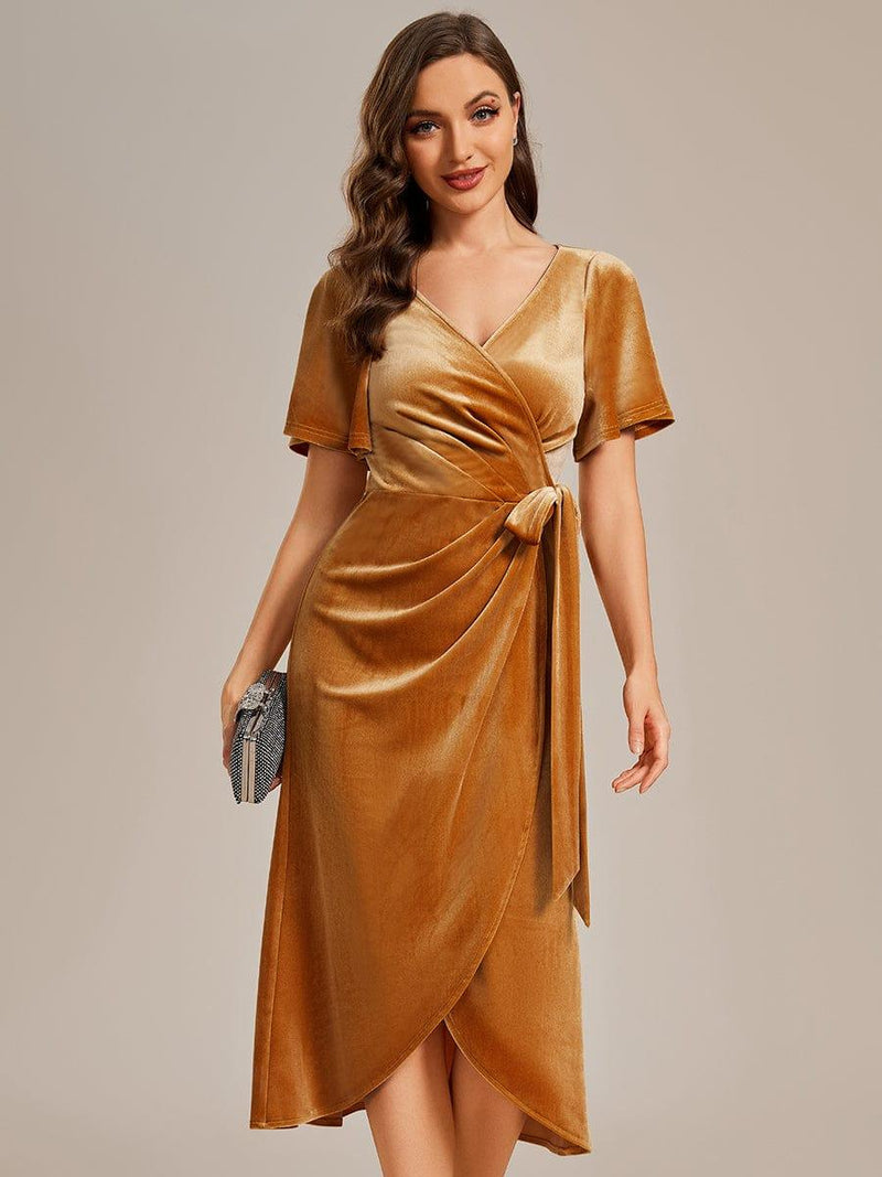ever LENNA|One-Piece Type Short Sleeves V-Neck Velvet Midi Wedding Guest Dress