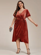 pretty LENNA|Plus Size V-Neck Ruffles Sleeve Velvet One-Piece Type Wedding Guest Dress