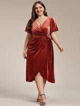 ever LENNA|One-Piece Type Short Sleeves V-Neck Velvet Midi Wedding Guest Dress