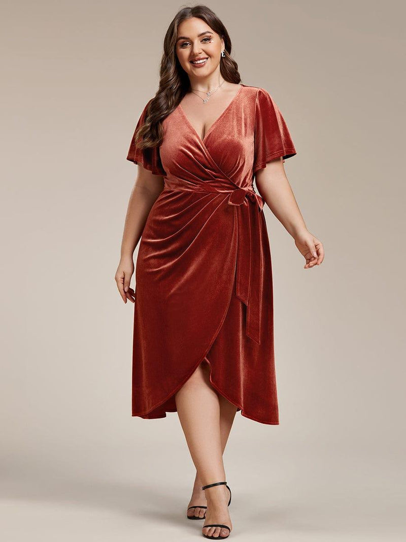 ever LENNA|One-Piece Type Short Sleeves V-Neck Velvet Midi Wedding Guest Dress