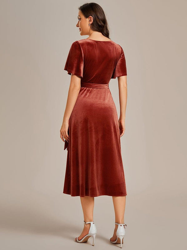 ever LENNA|One-Piece Type Short Sleeves V-Neck Velvet Midi Wedding Guest Dress