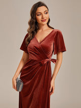 ever LENNA|One-Piece Type Short Sleeves V-Neck Velvet Midi Wedding Guest Dress
