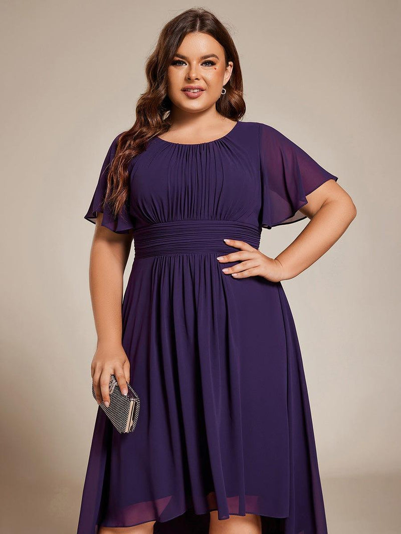pretty EDEN|Plus Size Pleated Round Neckline A-Line Midi Chiffon Wedding Guest Dress