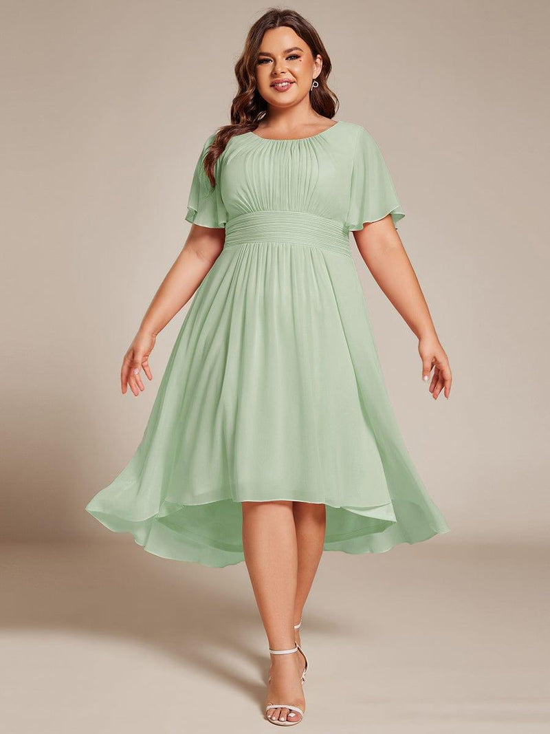 pretty EDEN|Plus Size Pleated Round Neckline A-Line Midi Chiffon Wedding Guest Dress