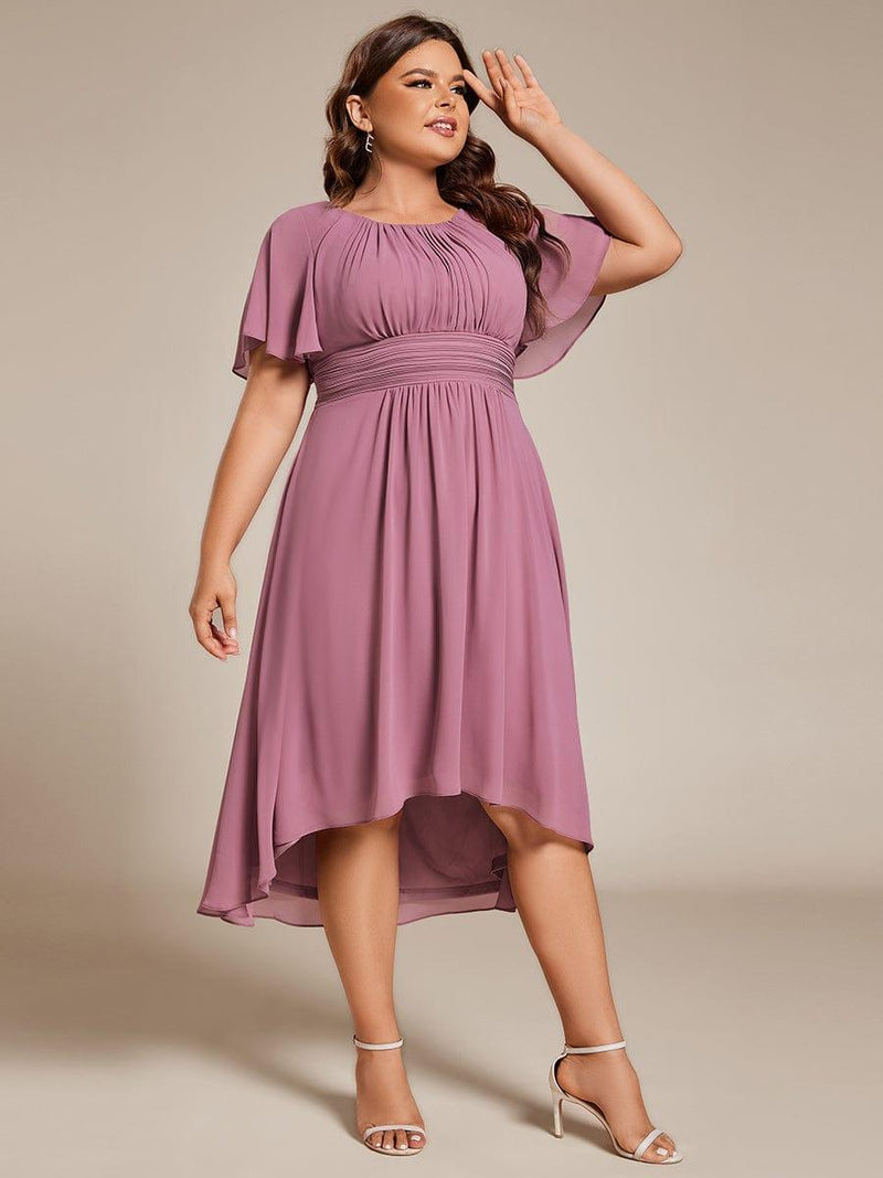 pretty EDEN|Plus Size Pleated Round Neckline A-Line Midi Chiffon Wedding Guest Dress