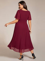 ever LARK|Ruffles Sleeve Pleated V-Neck A-Line Midi Chiffon Wedding Guest Dress