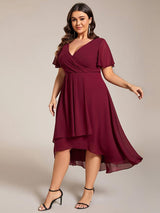 ever LARK|Ruffles Sleeve Pleated V-Neck A-Line Midi Chiffon Wedding Guest Dress