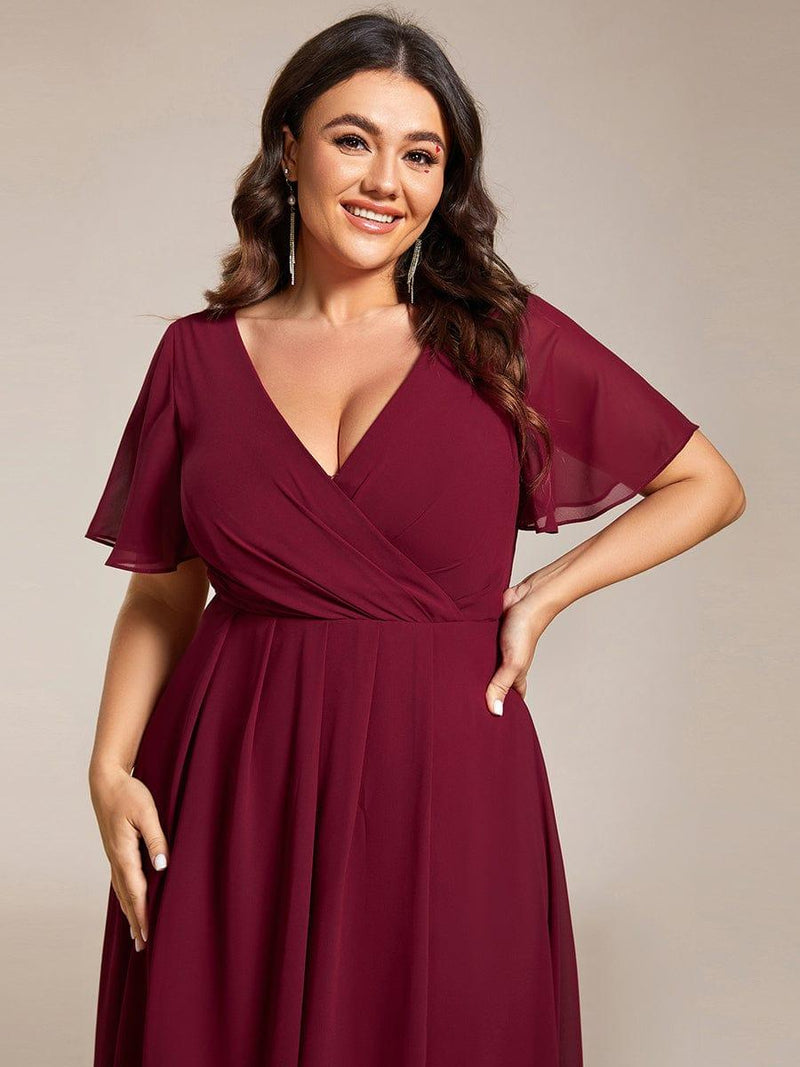 ever LARK|Ruffles Sleeve Pleated V-Neck A-Line Midi Chiffon Wedding Guest Dress