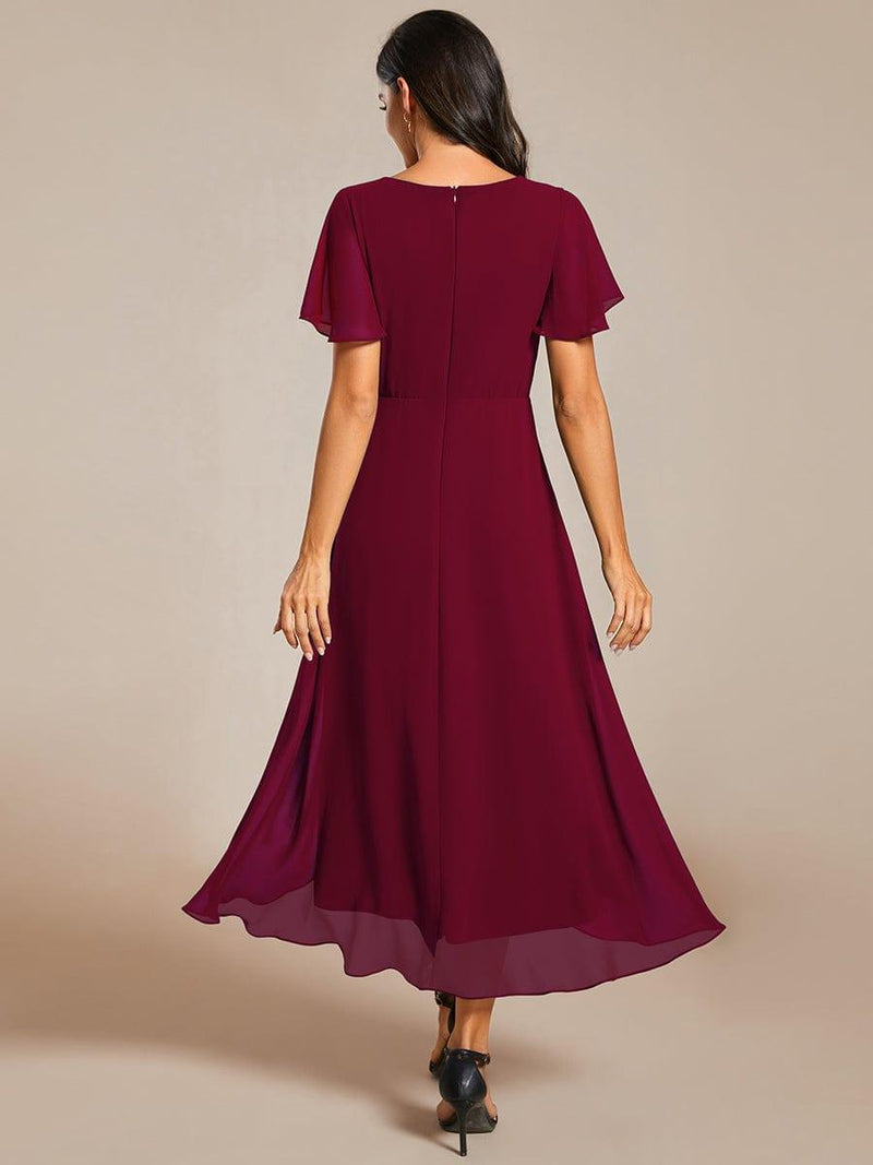 ever LARK|Ruffles Sleeve Pleated V-Neck A-Line Midi Chiffon Wedding Guest Dress