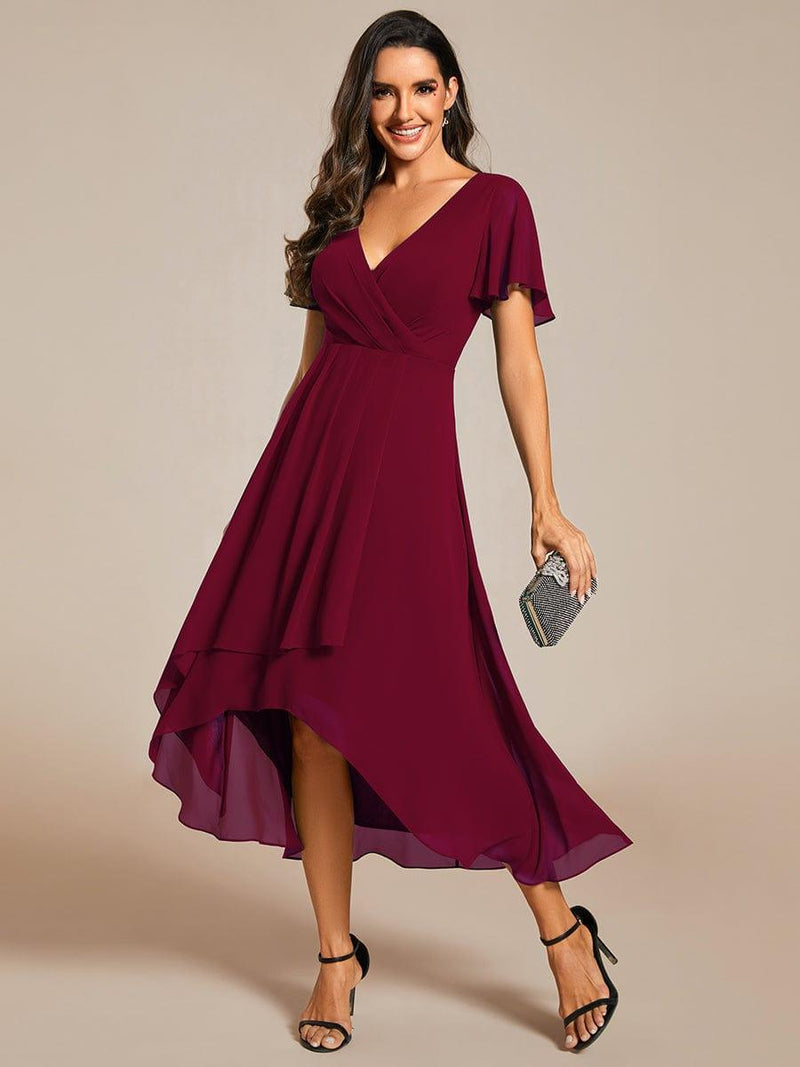 ever LARK|Ruffles Sleeve Pleated V-Neck A-Line Midi Chiffon Wedding Guest Dress