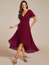 ever LARK|Ruffles Sleeve Pleated V-Neck A-Line Midi Chiffon Wedding Guest Dress