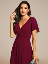ever LARK|Ruffles Sleeve Pleated V-Neck A-Line Midi Chiffon Wedding Guest Dress