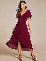 ever LARK|Ruffles Sleeve Pleated V-Neck A-Line Midi Chiffon Wedding Guest Dress