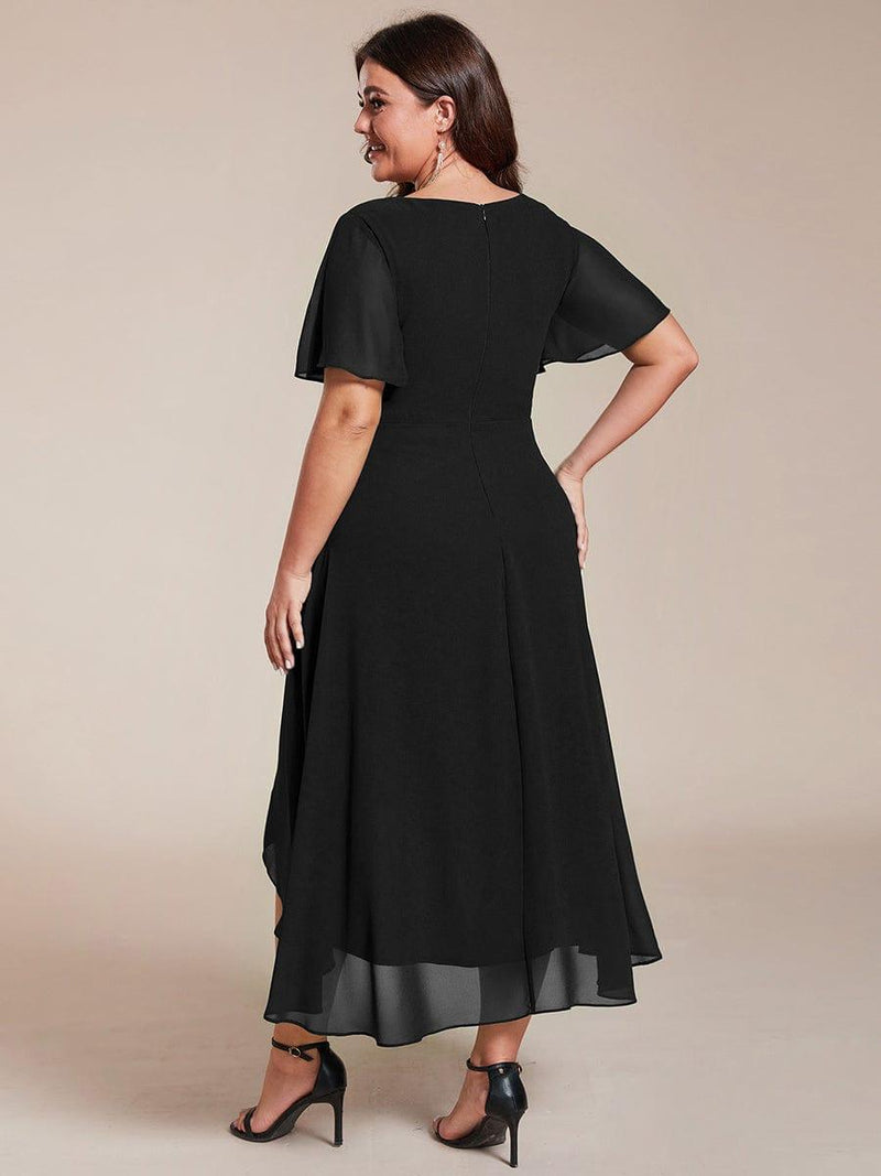 ever LARK|Ruffles Sleeve Pleated V-Neck A-Line Midi Chiffon Wedding Guest Dress