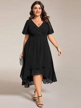 ever LARK|Ruffles Sleeve Pleated V-Neck A-Line Midi Chiffon Wedding Guest Dress