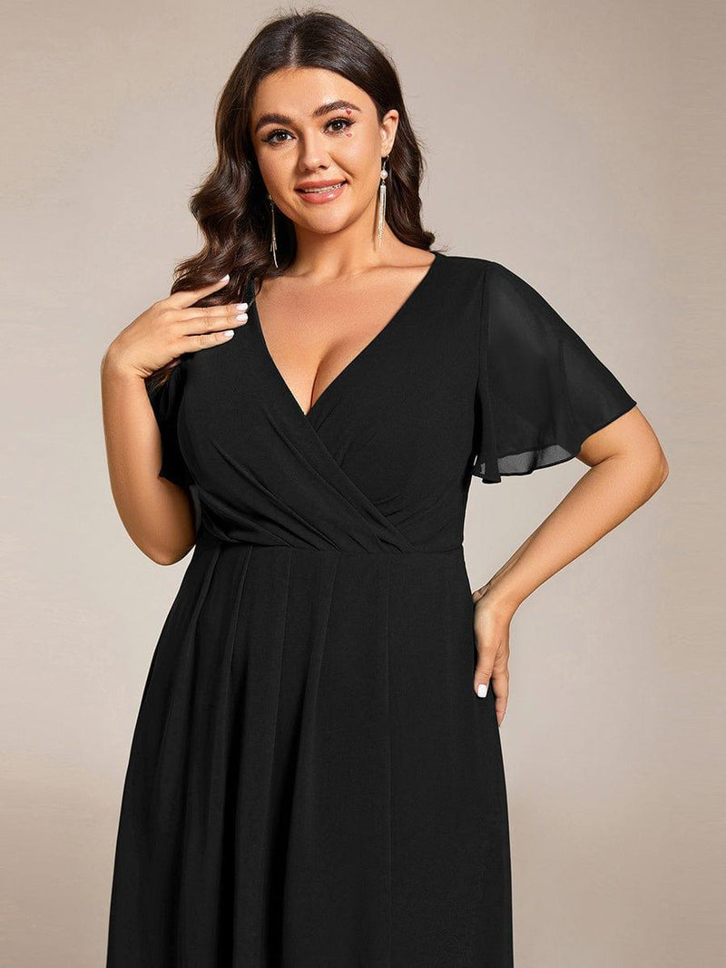 ever LARK|Ruffles Sleeve Pleated V-Neck A-Line Midi Chiffon Wedding Guest Dress