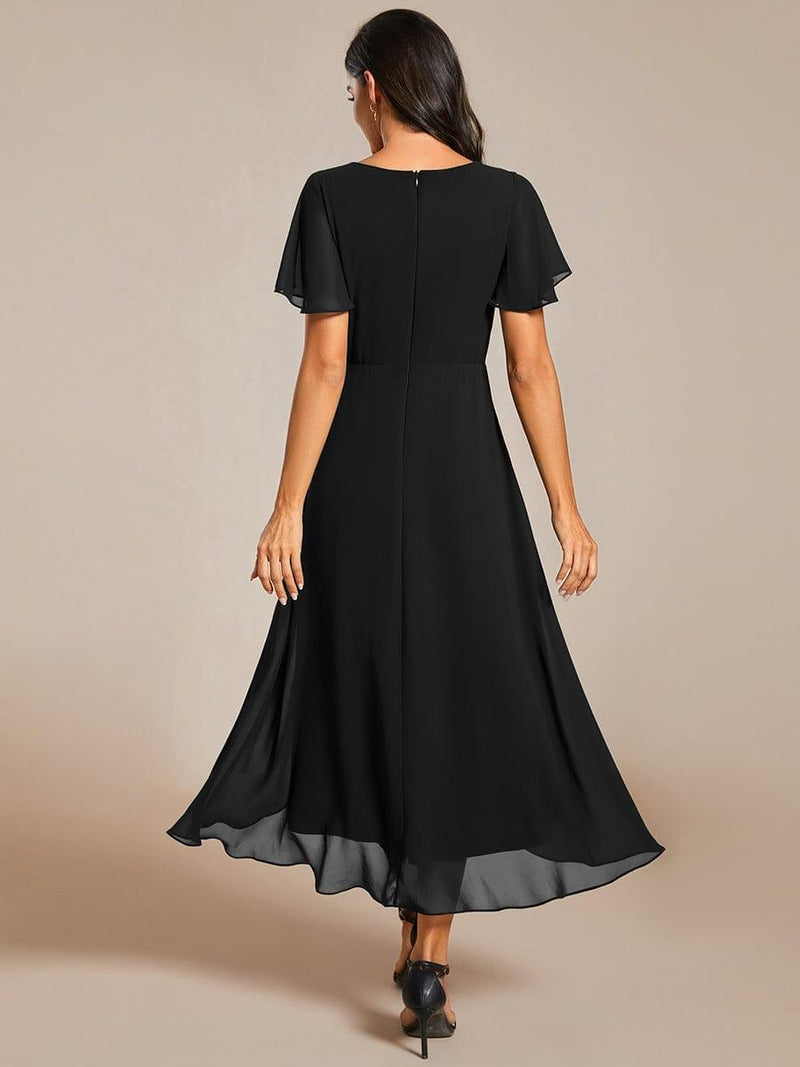 ever LARK|Ruffles Sleeve Pleated V-Neck A-Line Midi Chiffon Wedding Guest Dress