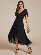 ever LARK|Ruffles Sleeve Pleated V-Neck A-Line Midi Chiffon Wedding Guest Dress