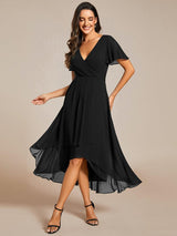 ever LARK|Ruffles Sleeve Pleated V-Neck A-Line Midi Chiffon Wedding Guest Dress
