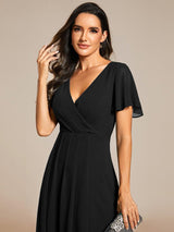 ever LARK|Ruffles Sleeve Pleated V-Neck A-Line Midi Chiffon Wedding Guest Dress
