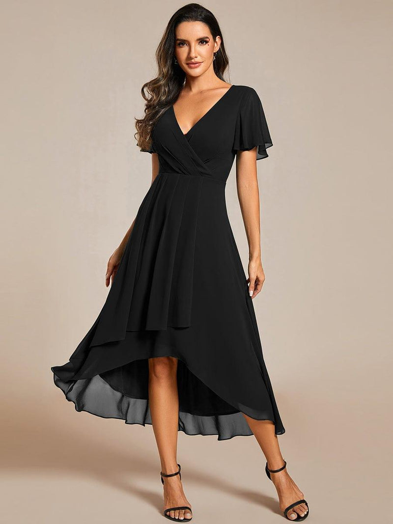 ever LARK|Ruffles Sleeve Pleated V-Neck A-Line Midi Chiffon Wedding Guest Dress