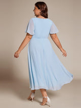 ever LARK|Ruffles Sleeve Pleated V-Neck A-Line Midi Chiffon Wedding Guest Dress