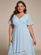 ever LARK|Ruffles Sleeve Pleated V-Neck A-Line Midi Chiffon Wedding Guest Dress