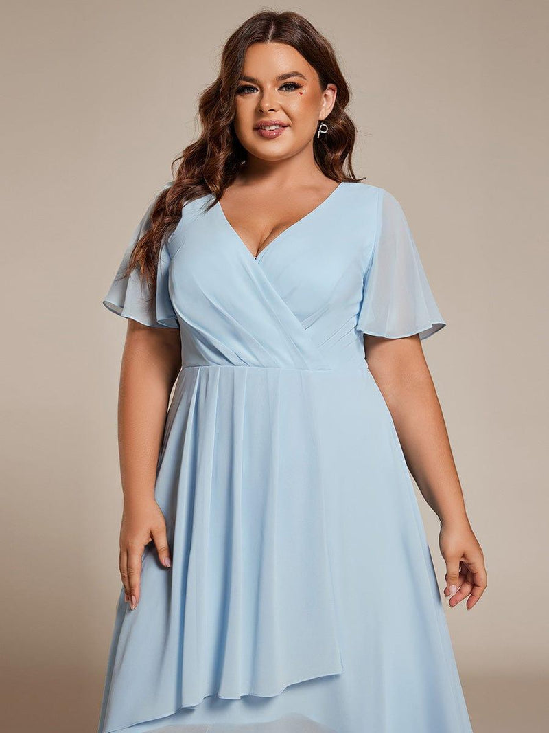 ever LARK|Ruffles Sleeve Pleated V-Neck A-Line Midi Chiffon Wedding Guest Dress