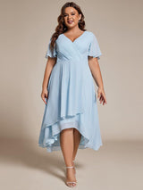 ever LARK|Ruffles Sleeve Pleated V-Neck A-Line Midi Chiffon Wedding Guest Dress