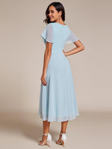 ever LARK|Ruffles Sleeve Pleated V-Neck A-Line Midi Chiffon Wedding Guest Dress