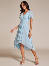 ever LARK|Ruffles Sleeve Pleated V-Neck A-Line Midi Chiffon Wedding Guest Dress